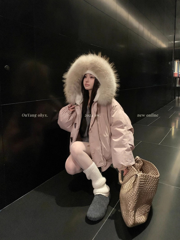 牛角扣大毛领连帽棉服外套女短款冬季韩系小个子加厚工装派克服|undefined