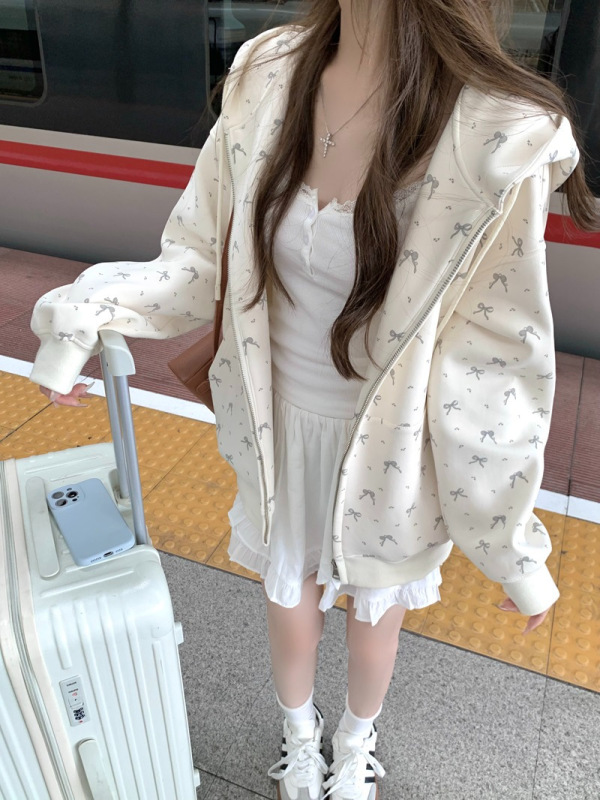 学院风蝴蝶结卫衣外套女秋冬款韩版拉链连帽宽松休闲百搭开衫上衣|undefined