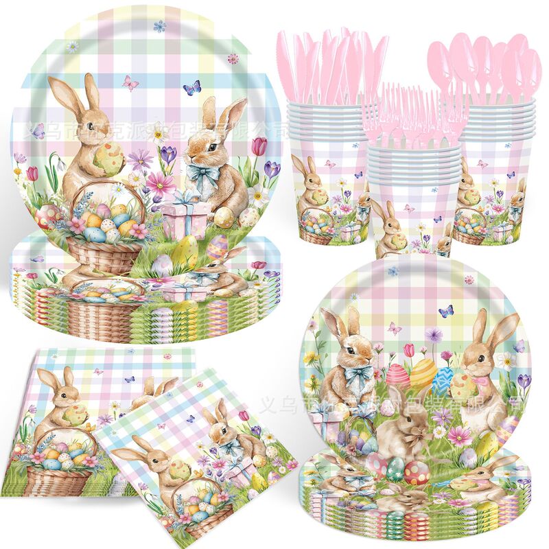 Color Plaid Bunny Easter Party Paper Tray Disposable Paper Cup Tissue Holiday Party Plate Egg Flower