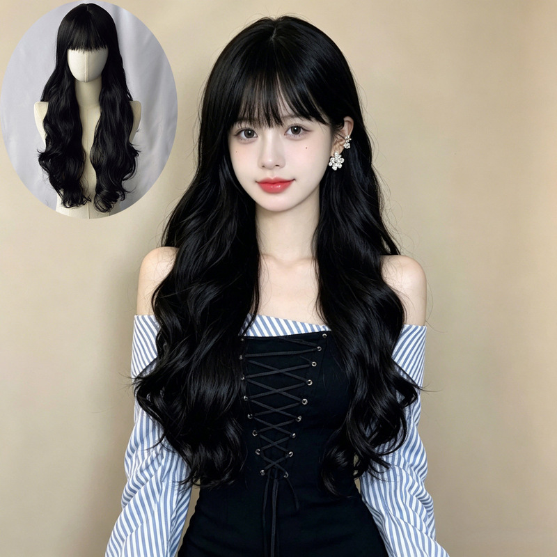 Shake the sound with goods wig female air bangs long curly hair fluffy big wave waist long hair full head set a generation of hair