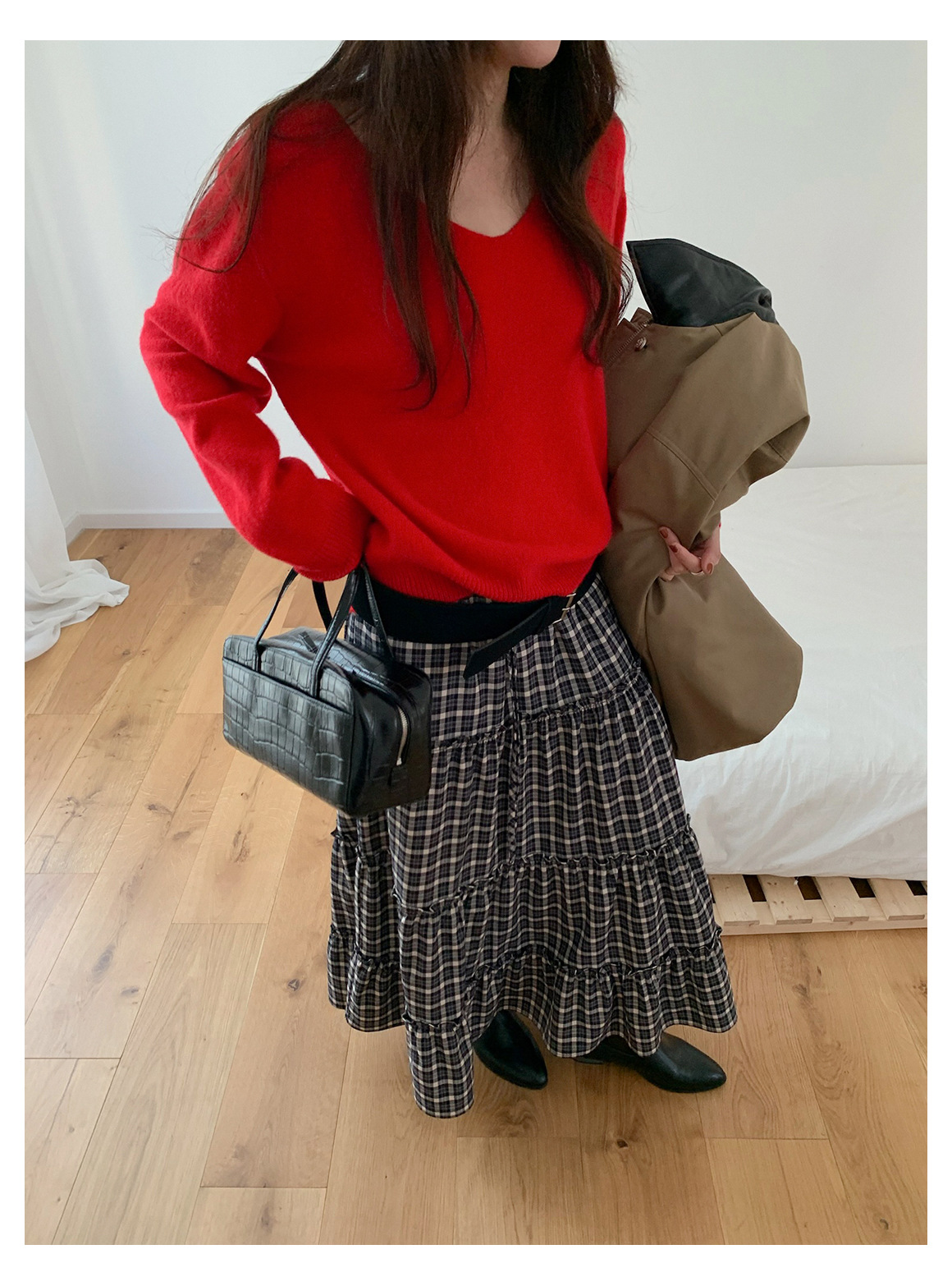 GraceChic GraceChic GraceChic Inbyin Gonna midi a quadri arricciati in stile coreano per donna, lunga vita elastica, che copre i fianchi, snellente_voghion.com