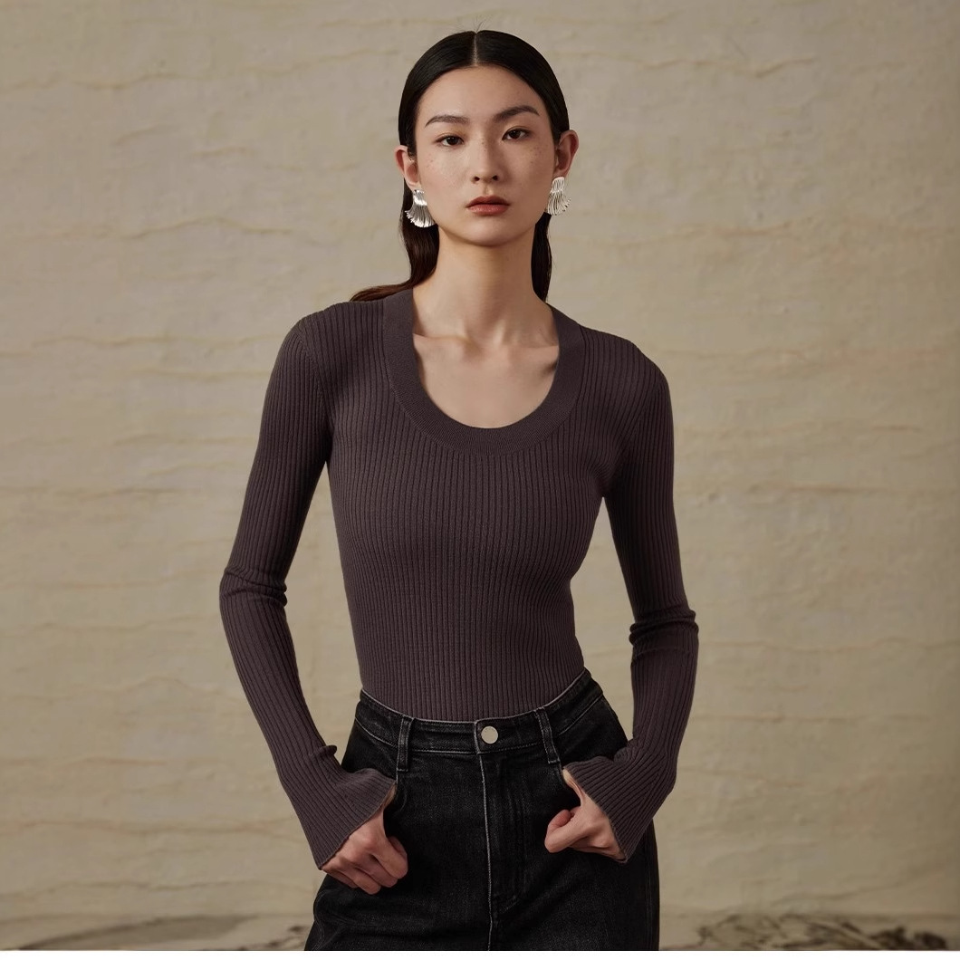 [Tec Machine Washable Wool] 48-Count Yangtze Yarn U-Neck Pit Strip Slimming Look Knitted Wool Bottoming Shirt for Women