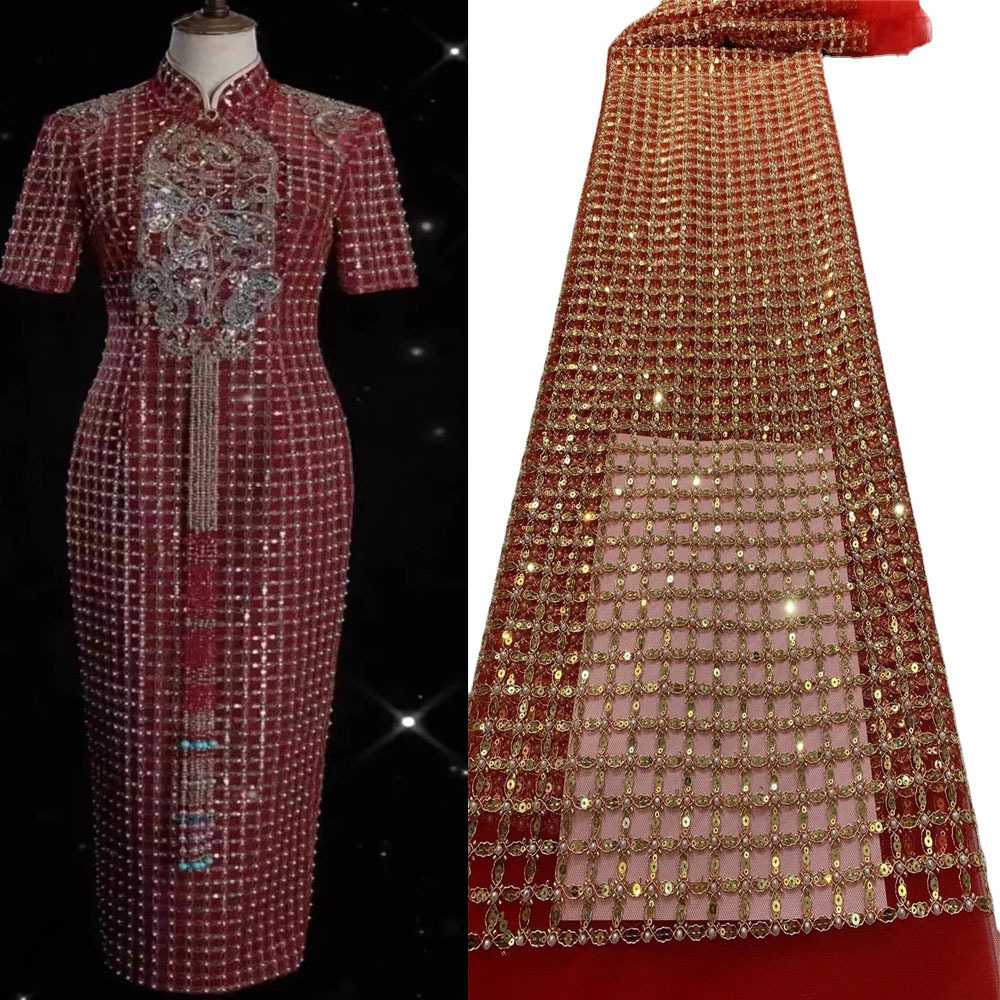 Industria pesada Plaid cadena lentejuelas cuentas encaje Malla tela bordado vestido de novia cheongsam tela JX2270 image 1