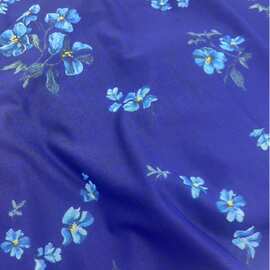 克莱因蓝网纱复合碎花面料 水墨蓝花印花 新中式汉服旗袍连衣裙布