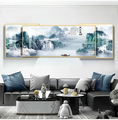 客廳山水聚財畫客廳裝飾畫疊加三聯鴻運當頭沙發背景牆壁掛畫大氣