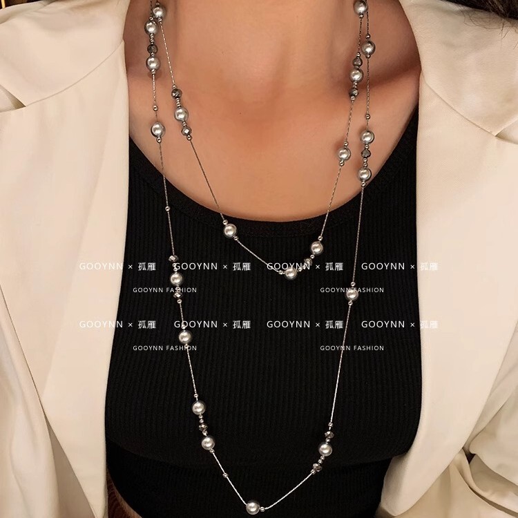 Long gray starry pearl necklace women's niche light luxury high-end fashion all-match stacked autumn and winter sweater chain