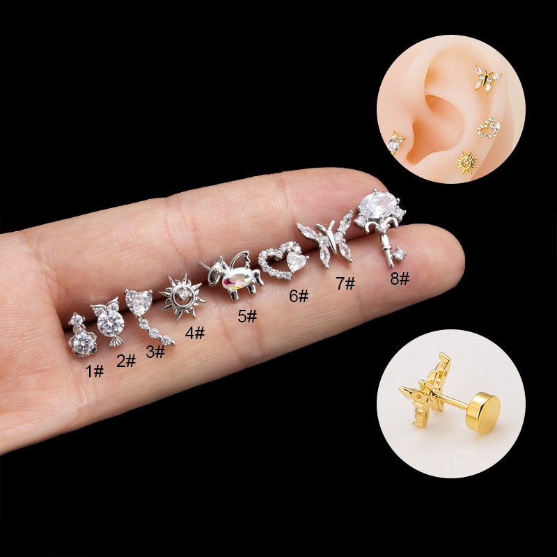 1 Piece Ear Cartilage Rings & Studs Fashion Heart Shape Owl Butterfly Copper Plating Inlay Zircon display picture 2