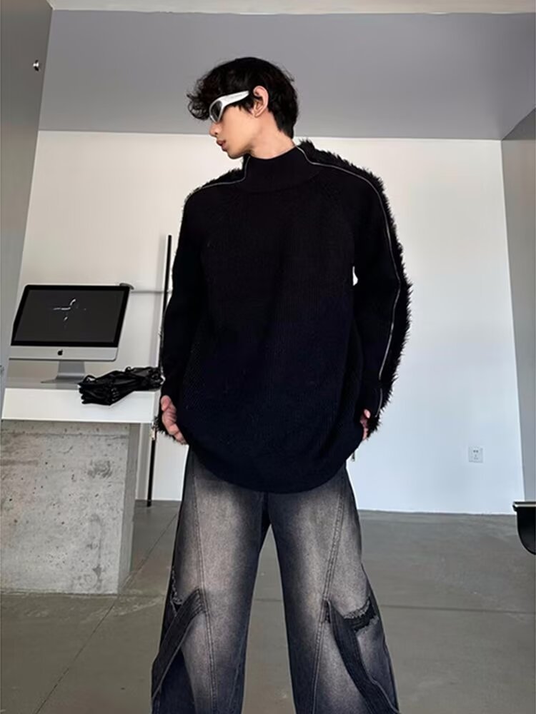 Men's Clothing street zipper sweater brand high street casual deconstruction design loose round neck knitted sweater trend_voghion.com