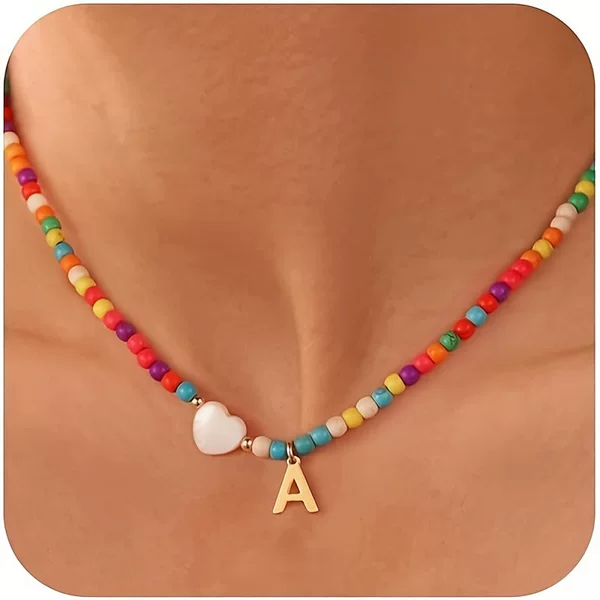 Amazon Cross-Border New Colorful Turquoise Rice Beads Beaded Heart Necklace Stainless Steel 26 English Letter Necklace