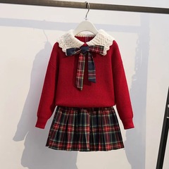 Girls knitted pullover two-piece set children's autumn and winter new style preppy style jk suit pleated skirt red