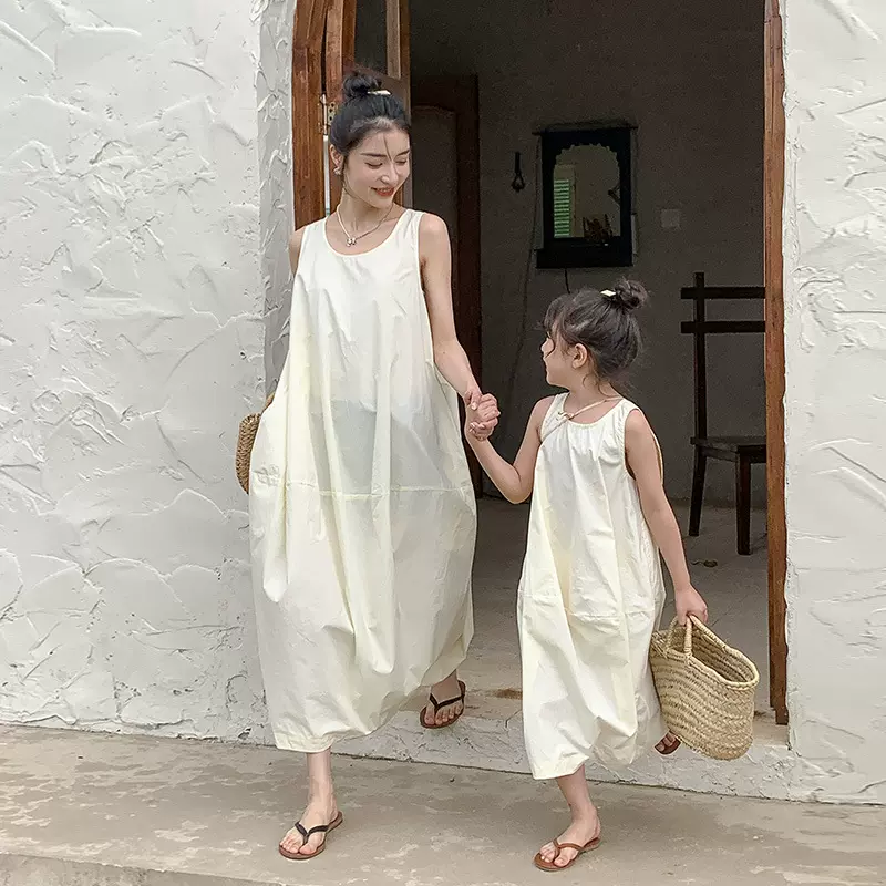 韩版洋气亲子装女童连衣裙ins夏季公主裙背心裙花苞中小童长裙潮