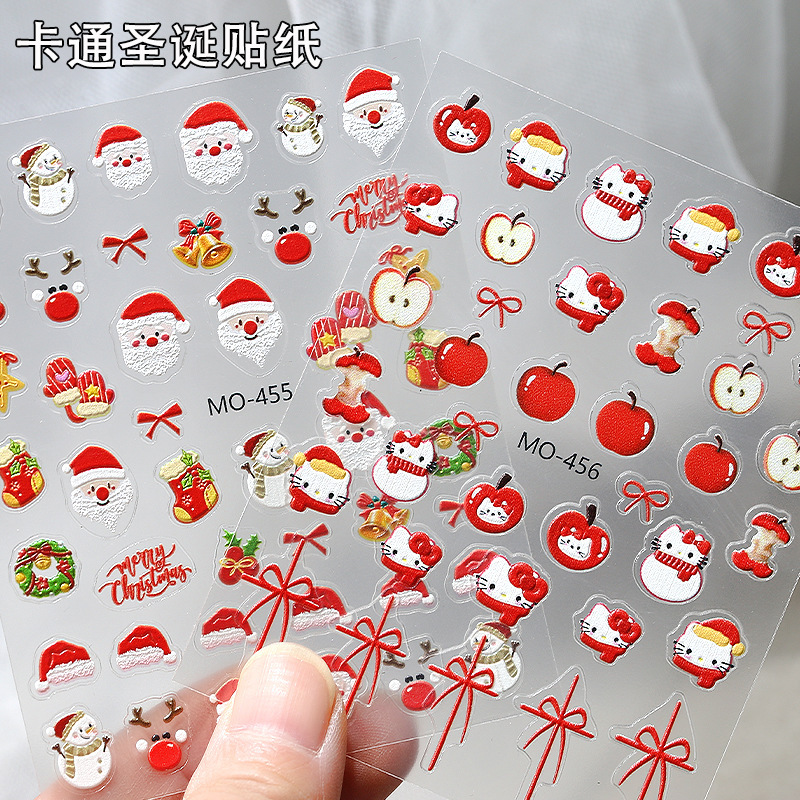 Cartoon Christmas nail art stickers three-dimensional relief apple cherry cute kt cat bow decoration nail stickers wholesale Cartoon Christmas nail art stickers three-dimensional relief apple cherry cute kt cat bow decoration nail stickers wholesale