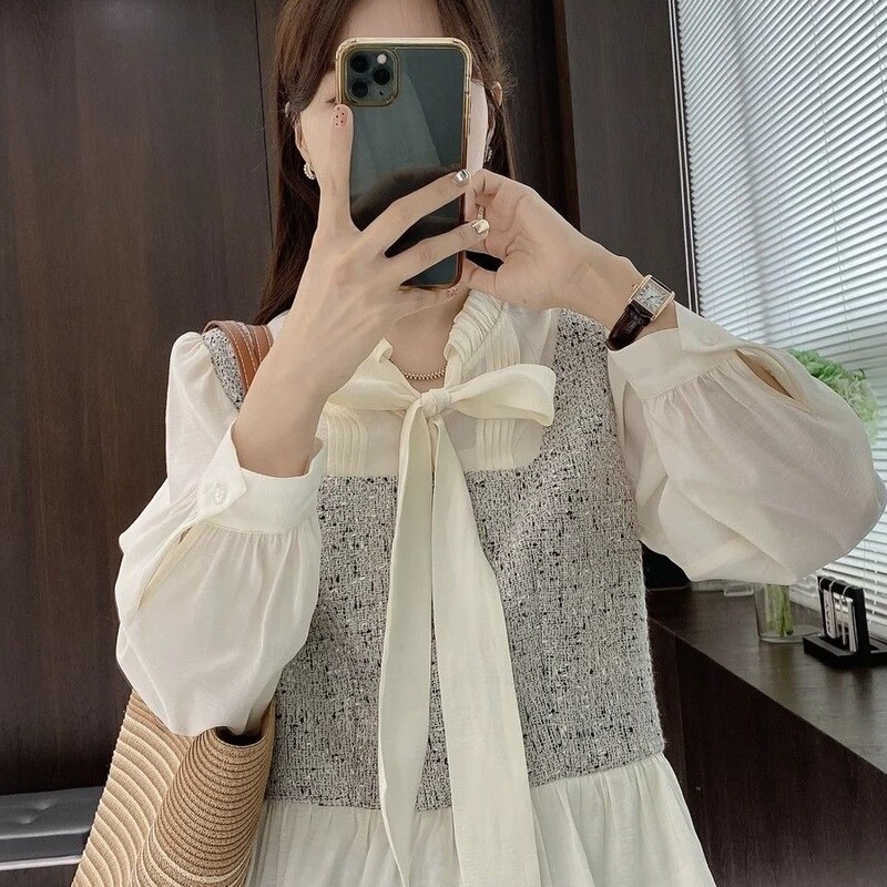 New French Style Small Fragrance Style Splicing Fake Two-Piece Short Shirt Women's Design Floating Collar Romantic Top