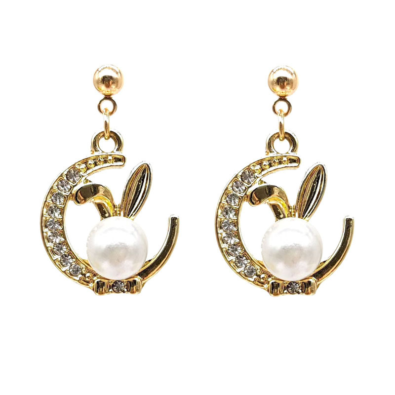 Mignon Lapin Lune Alliage Placage Incruster Strass Perle Femmes Des Boucles D'oreilles Collier display picture 2