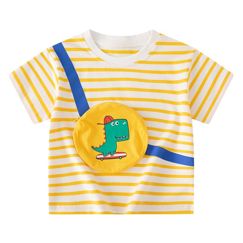 Be top marca ropa para niños a rayas niños camiseta de manga corta bolsillo tridimensional estampado de dinosaurios bebé verano ropa para niños