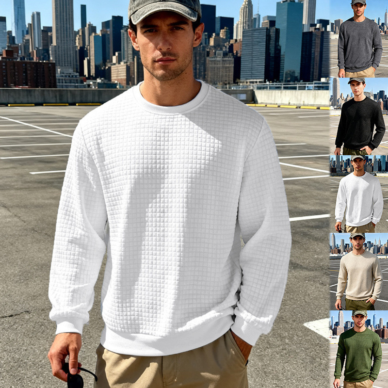 Cross-Border Independent Station Spring and Autumn New American Style Loose Casual Men's Simple Sports Jacquard Round Neck Long-Sleeved Sweatshirt