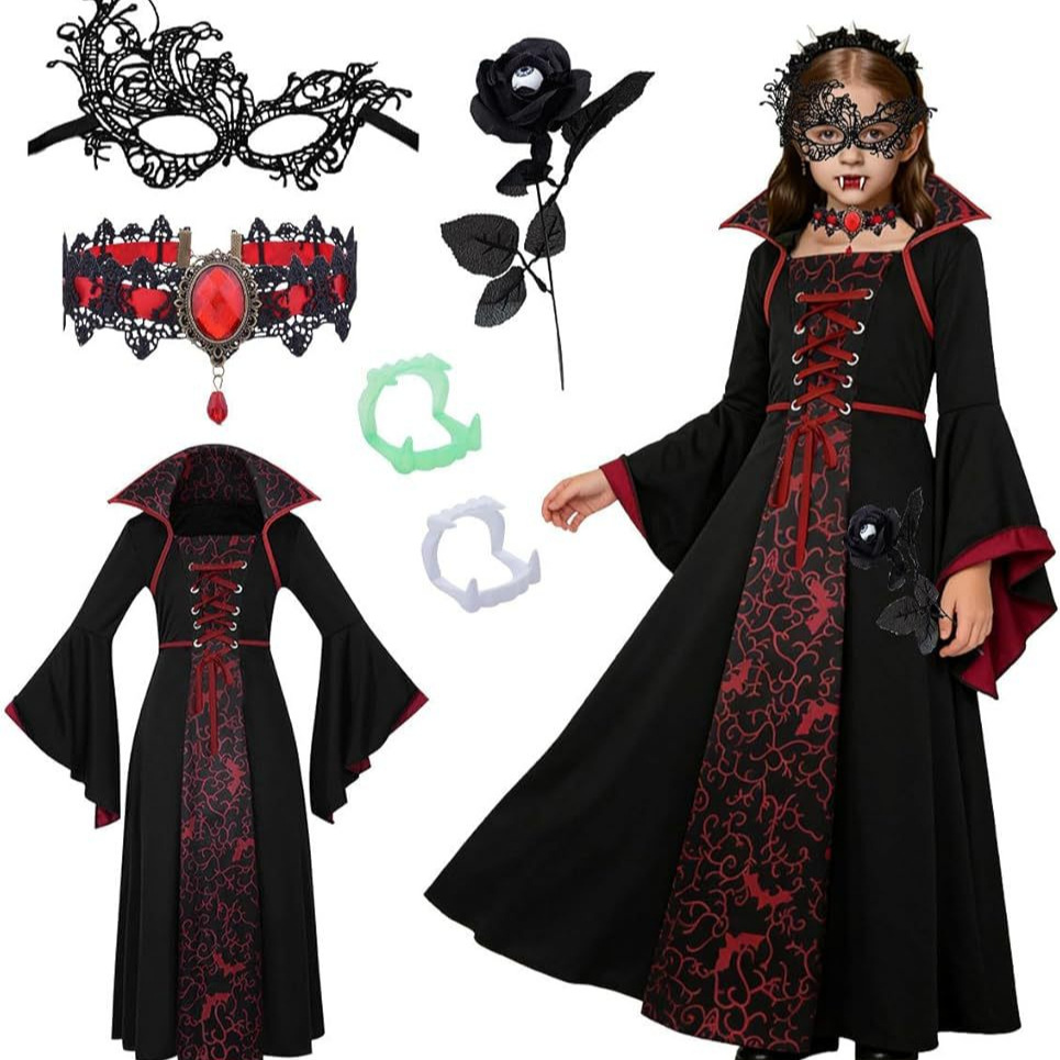 European and American New Halloween Children's Costumes Witch Costume Medieval Retro Lace-Up Stand-Up Collar Bell Sleeves Printed Long Dress
