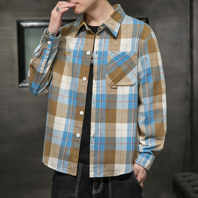 Men's Korean Version Slim Casual Large Plaid Shirts Long Sleeve Shirts Men