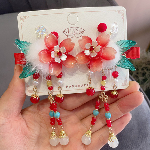 New red Chinese style Hanfu headwear children's ancient style tassel hairpin hair ball hairpin festive New Year hair accessories