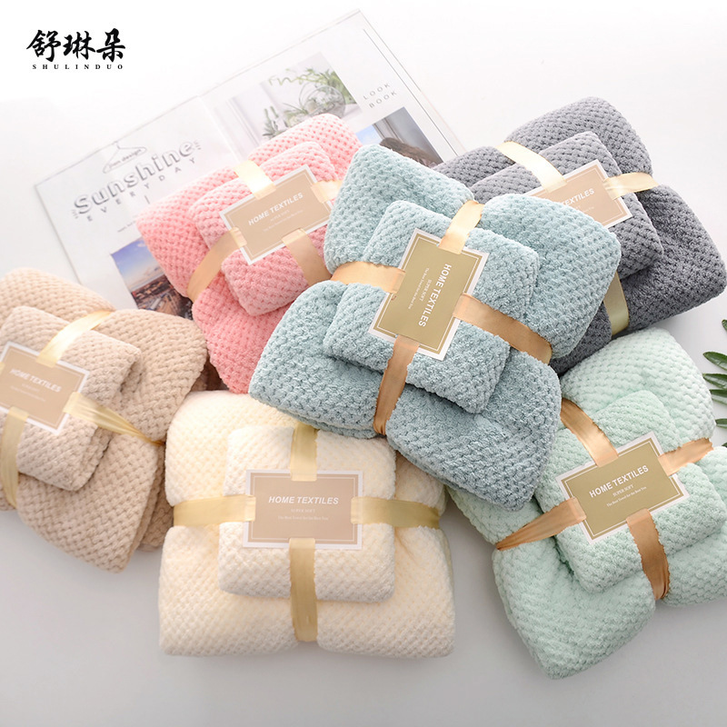Cross-Border Pineapple Grid Coral Fleece Towel Set Bath Towel Combination Absorbent Solid Color Beach Towel for Home Use