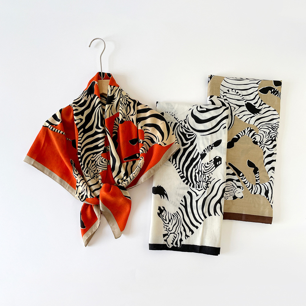 Large 90cm Square Scarf Zebra Print European American Fashion Herringbone Pattern Women's Shawl Retro Headscarf_voghion.com