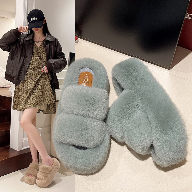 7厘米厚底毛毛拖鞋外穿2024秋季新款时尚坡跟松糕底34-42码棉拖鞋