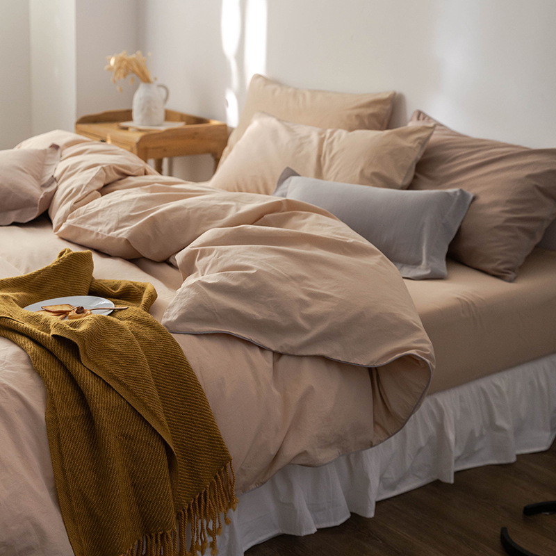 Scandinavian Style Pure Cotton Bedding 4-Piece Set, Simple and Lazy Style, Pure Cotton, Pure Color Craft Style, Thickeneded, Full Specifications, Three- and Four-Piece Set