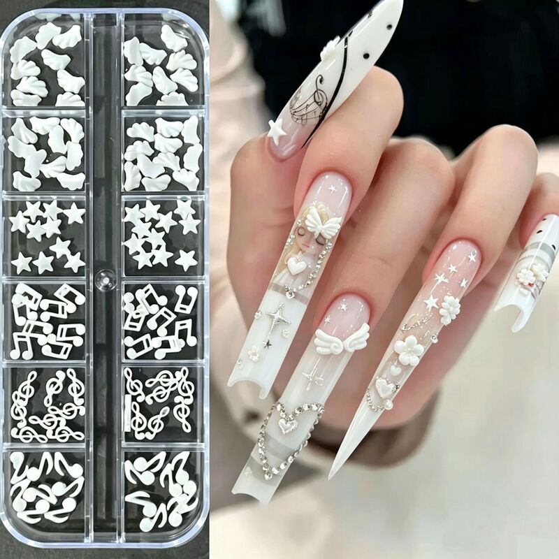 White resin nail art accessory set, wings, stars, musical notes, 3D decorative accessories, trendy nail decorations White resin nail art accessory set, wings, stars, musical notes, 3D decorative accessories, trendy nail decorations