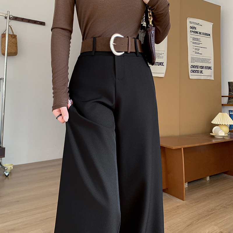 实拍复古休闲西装阔腿裤女2025秋季新款高腰显瘦垂感直筒拖地长裤|undefined