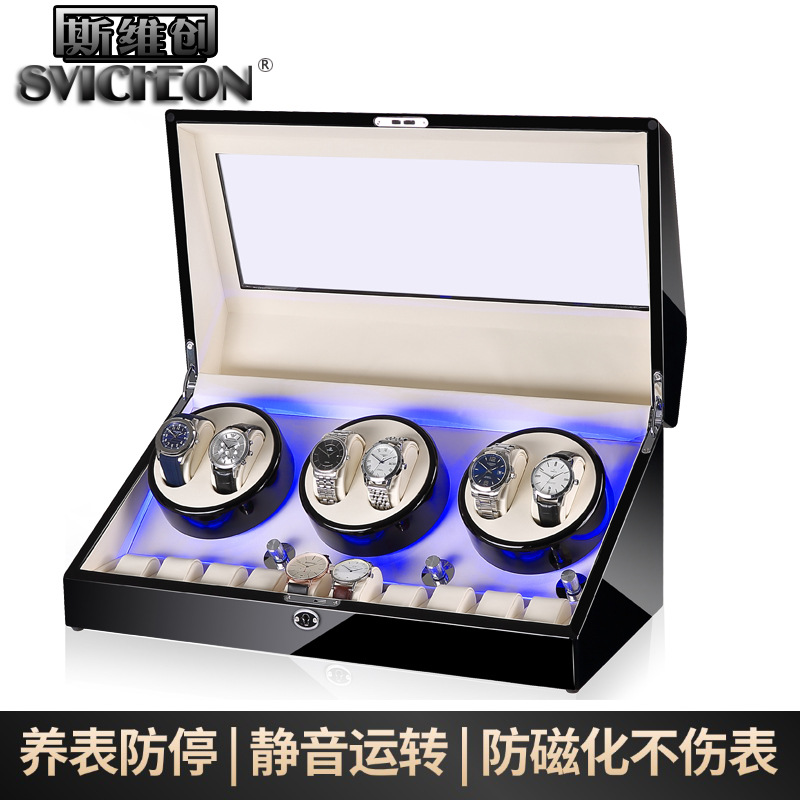 跨境钢琴漆摇表器手表盒自动上链盒收纳盒开盖停功能led氛围灯家