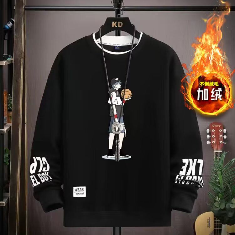 Autumn and Winter Cotton Sweatshirts for Men, Middle and High School Students, Warm T-Shirts for Men and Teenagers, Fake Two-Piece Fashionable Round Neck Tops