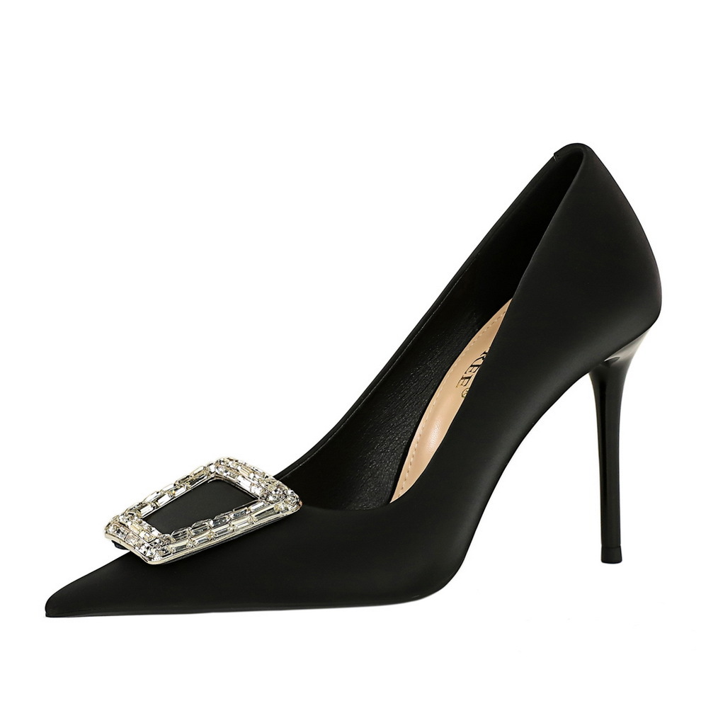 3265-K10 Korean Style Fashion Party Heels Stiletto Shallow Pointed Toe Rhinestone Buckle Slimming High Heel Single Shoes_vogvips.com