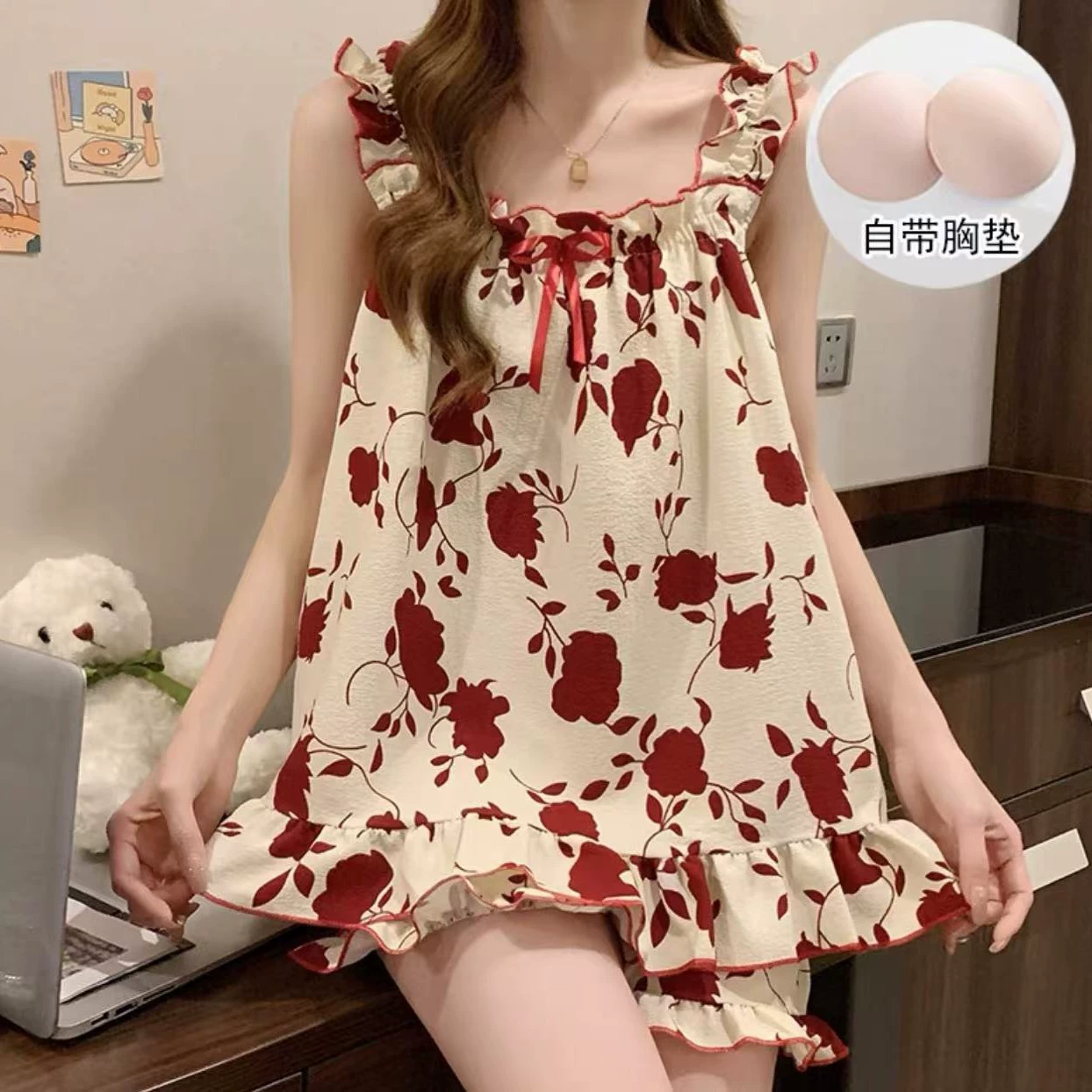 Новые летние женские пижамы с подушечками для груди, подтяжки без рукавов из пузырчатого хлопка, шорты, которые можно носить на улице, комплект тонкой домашней одежды.