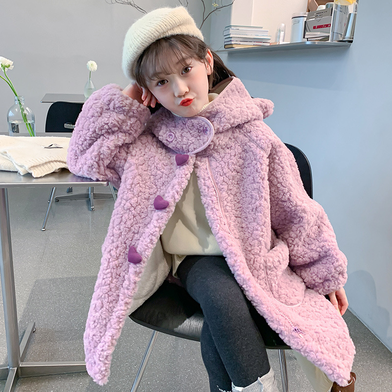 (2개) 여자 벨벳 코트 겨울 2024 새로운 스타일 어린이 겨울 두꺼운 어린 소녀의 양고기 봉제 탑 트렌디