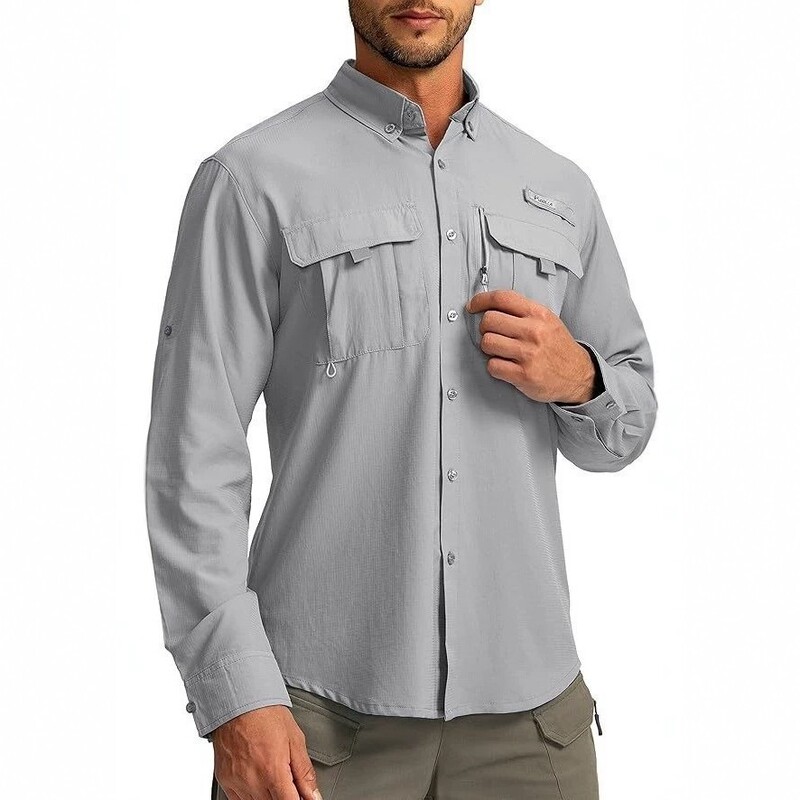 2026 New Men's Outdoor Long-Sleeved Sun Protection Shirt, Workwear Style, Breathable, Quick-Drying, Casual, Solid Color, Lapel Men's Clothing