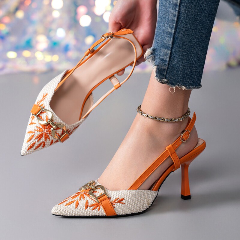 2026 Summer and Autumn European and American Fashion Style Thin-Heeled Shallow-Cut Backless Deep Patterned Iron Buckle Comfortable Commuting High-Heeled Women's Sandals