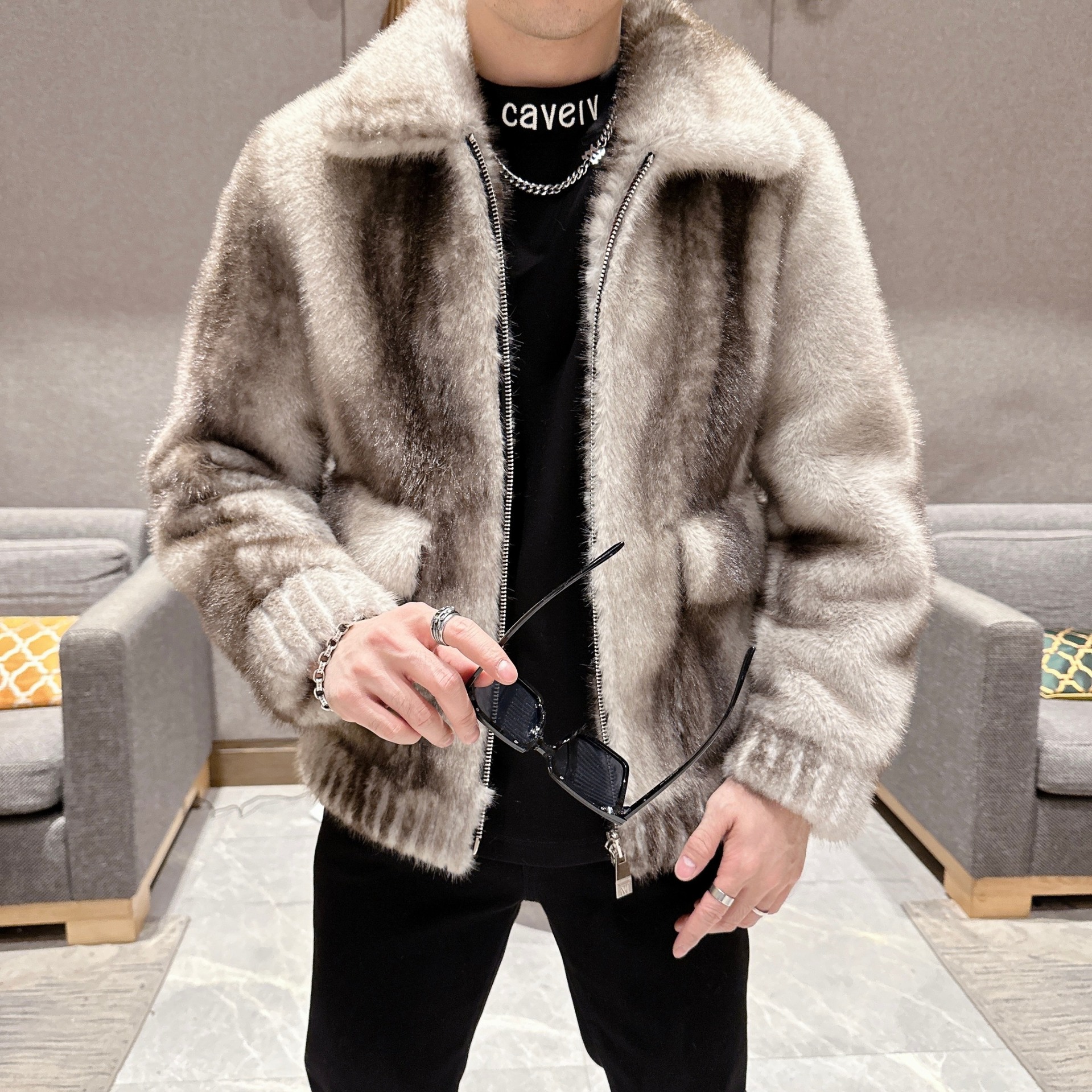 Double-sided Gold Mink Fur Jacket Men's Winter Fashion Faux Fur