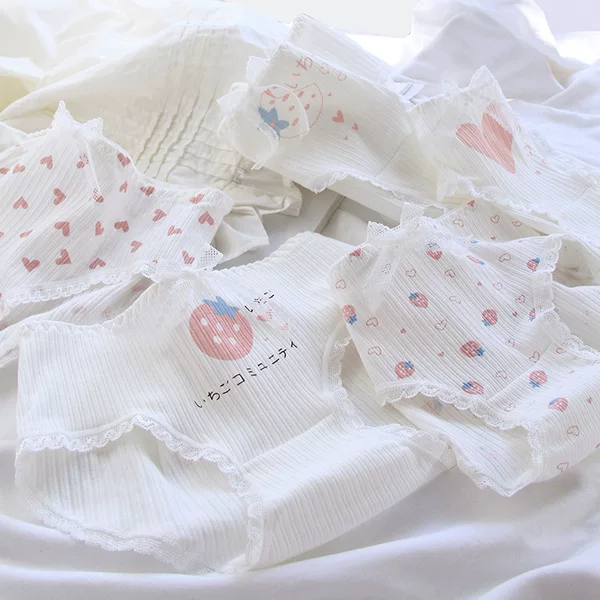 Love Strawberry Bow Cute Sweet Girls Briefs Hip Covering Pure Cotton Crotch Mid-Waist Women's Underwear 0749