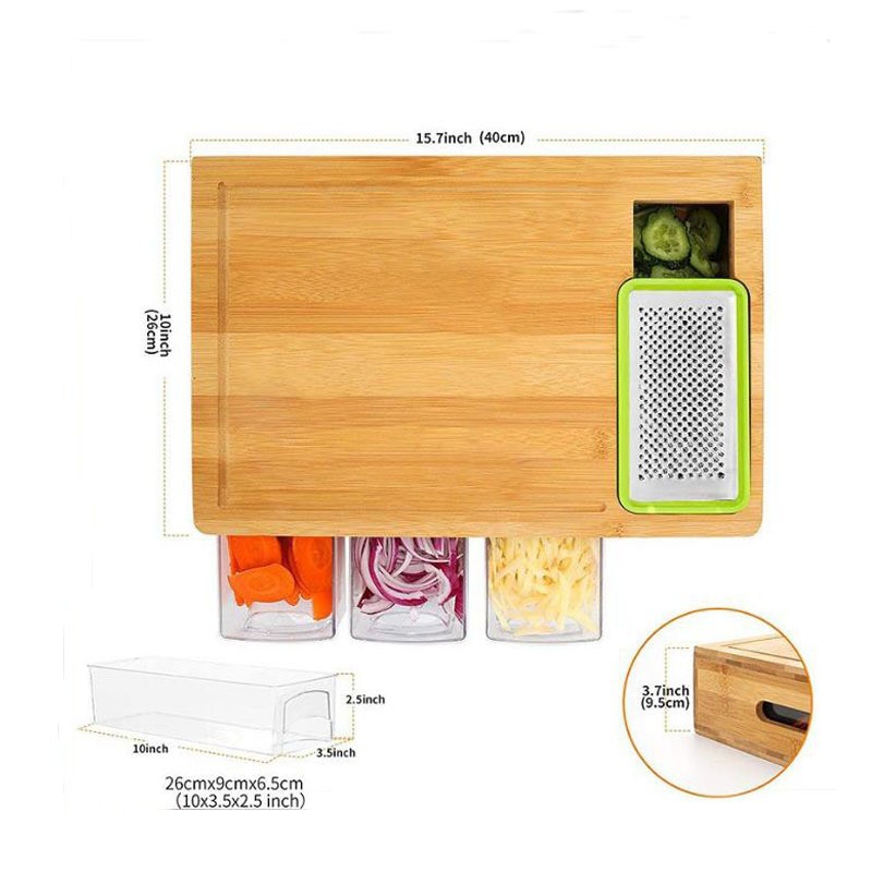 Placa de corte de vegetales de bambú en stock con cajón transparente para almacenar raspador de alambre cortador de cocina para la clasificación de platos domésticos