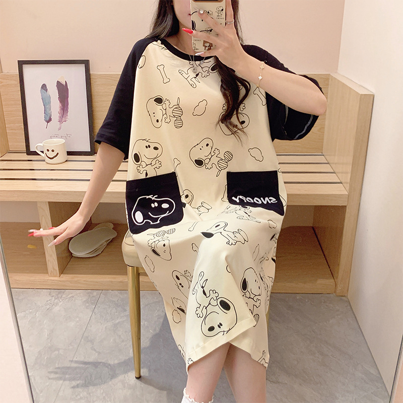 2024 verano ocio de dibujos animados pijama de mangas cortas de mujer bolsillo suelto ropa de casa 6535 fábrica de pijamas de algodón venta directa