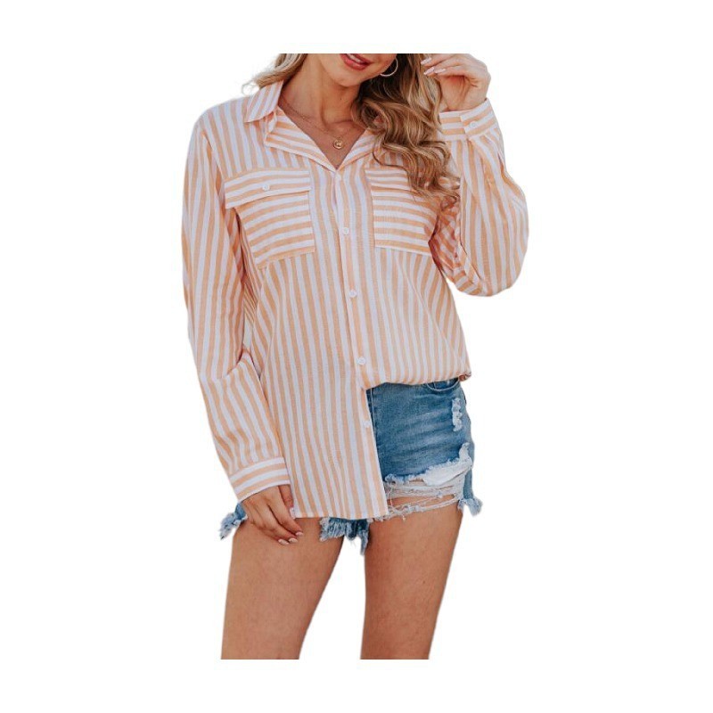 Fashion Stripe Shirt Collar Long Sleeve Regular Sleeve Printing Pocket Blouse