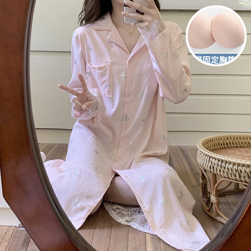 云朵棉睡衣女春秋季新款带胸垫开衫长袖睡裙宽松薄款衬衫裙家居服|undefined