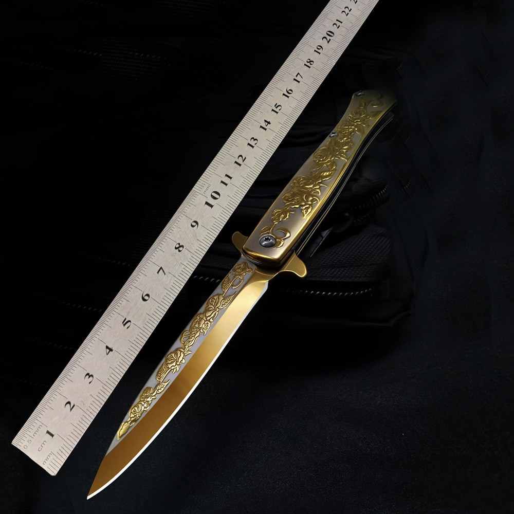 精美玫瑰花浮雕小刀高硬度锋利剑鱼折叠刀跨境货源户外随身水果刀