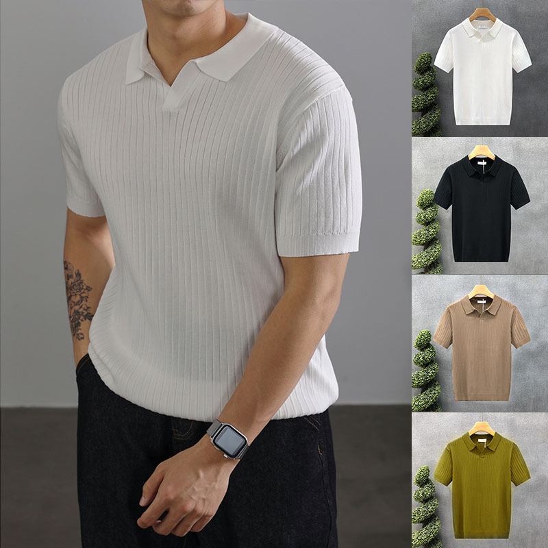Herren-Poloshirt mit Umlegekragen, V-Ausschnitt, Möwenmuster, Strickmuster, Kurzarm, gestreift, atmungsaktiv, aus Eisseide, im Stil der 1950er-Jahre_voghion.com