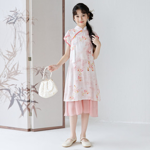 Girls' Summer Cheongsam New Chinese Style Thin Hanfu Ethnic Chinese Style Tang Suit for Older Children Dress Set Trendy