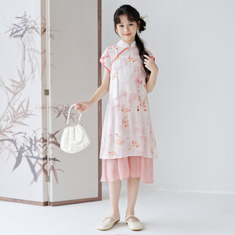 Летний Cheongsam для девочек, новый тонкий китайский стиль Hanfu, этнический китайский костюм Тан для детей старшего возраста, модный комплект платьев