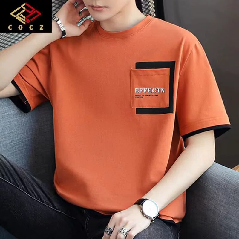 Мужская модная свободная повседневная футболка-поло с коротким рукавом в корейском стиле, имитация двухслойной конструкции от оригинального производителя