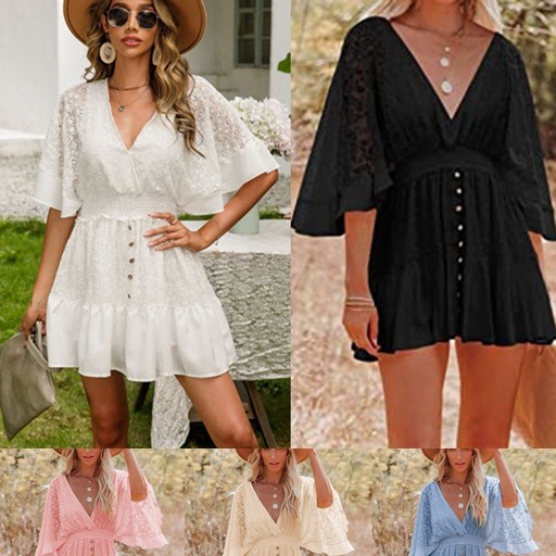 实拍 夏季欧美外贸跨境速卖通wish新款女装蕾丝拼接蝙蝠袖连衣裙