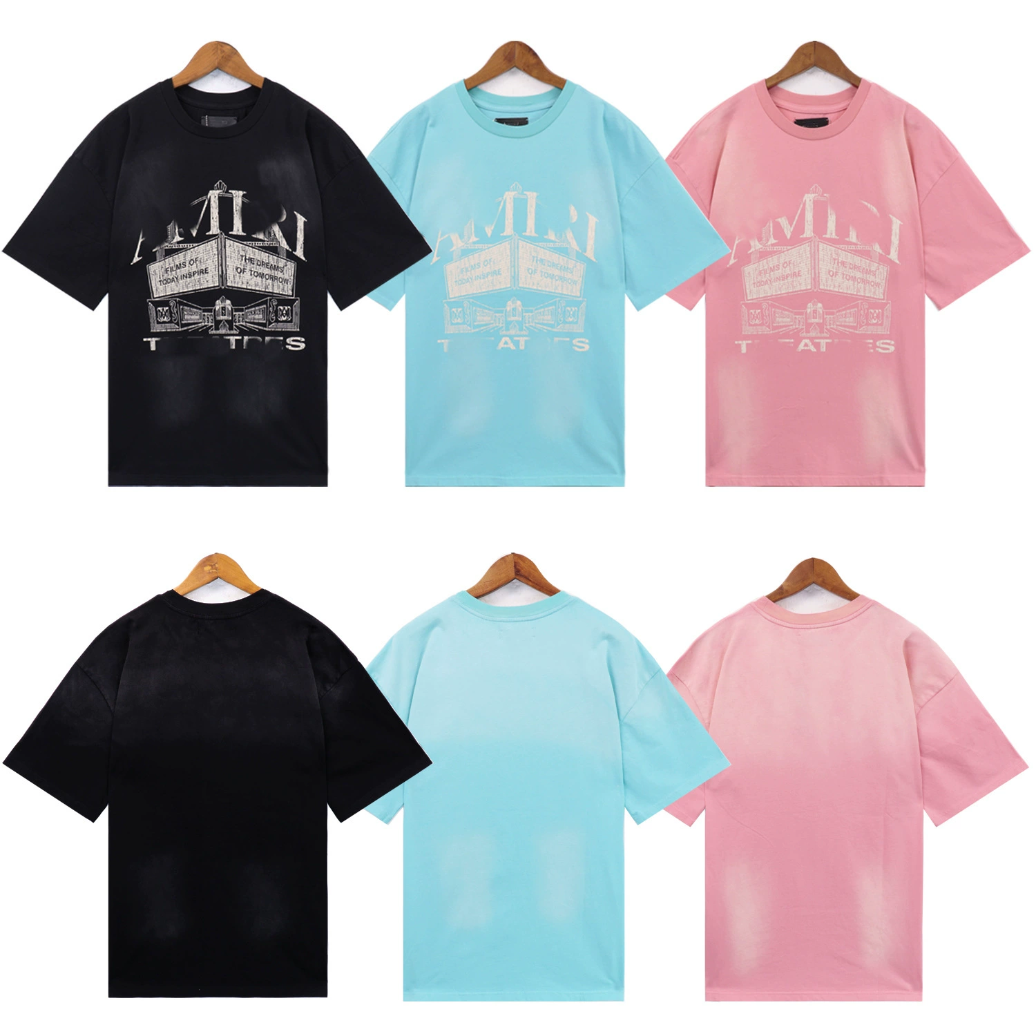 Американская повседневная футболка AMIRI летняя ретро-архитектурная печать с круглым вырезом свободные мужчины и женщины с короткими рукавами