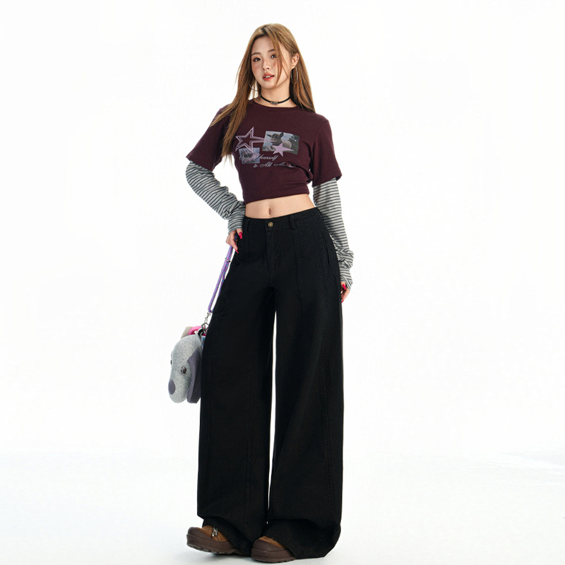 新款黑色美式复古辣妹分割牛仔裤女直筒显瘦宽松阔腿长裤